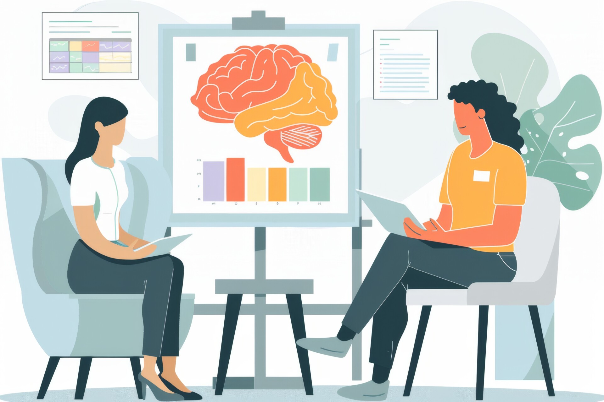 CBT For Social Anxiety An illustration of a therapist and client sat in arm chairs with an image of a brain on a clipboard between them.