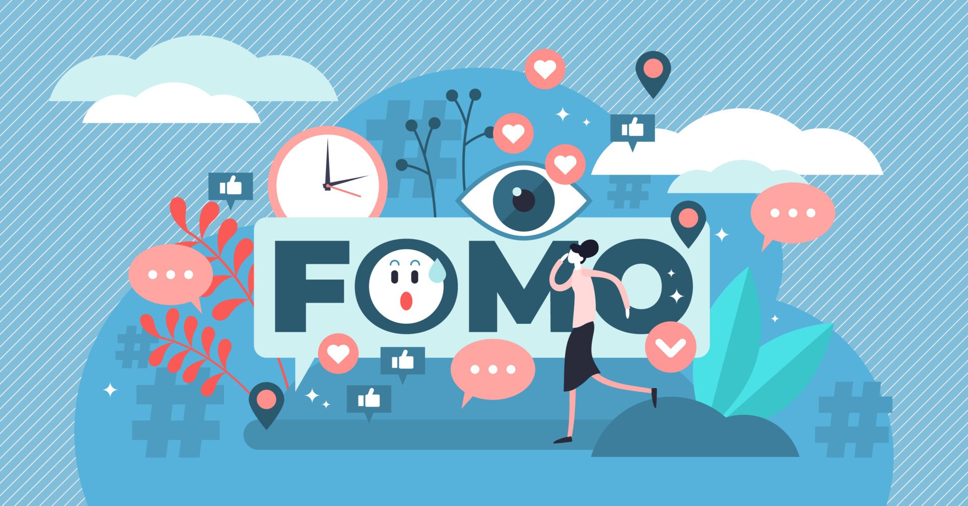 FOMO vector illustration. Tiny fear of missing out anxiety perso fomo