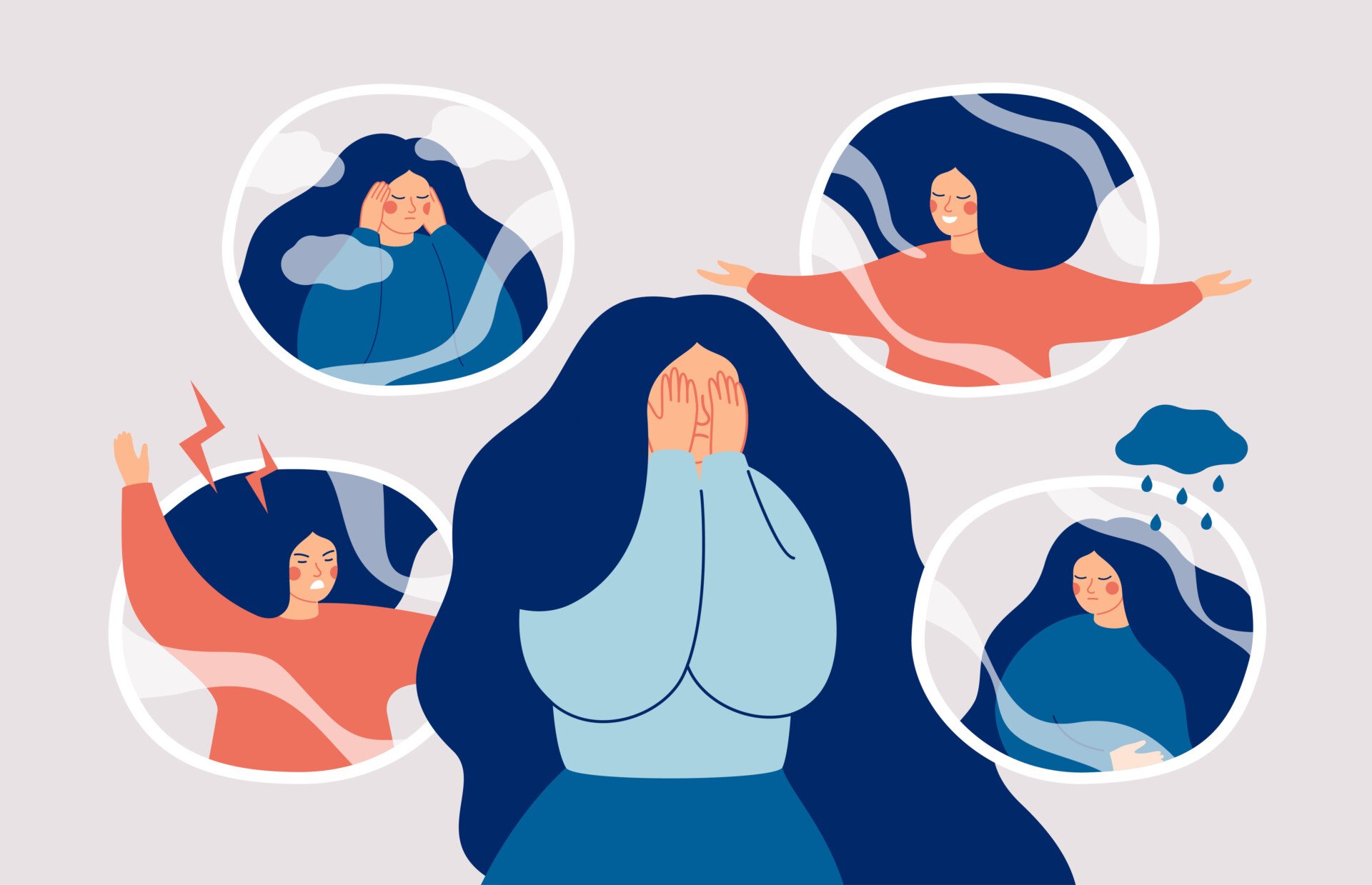 Hypomania: What Is It, Comparison vs Mania 1 cartoon of a woman with head in hands - her different moods surround her head