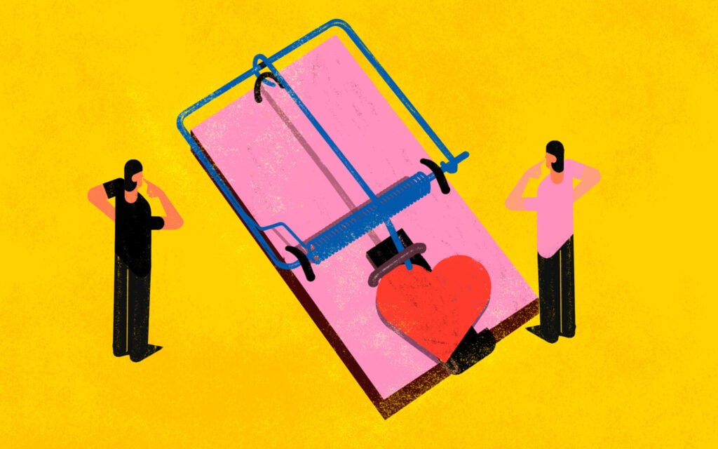 What Ghosting Says About You 1 Colorful illustration shows a person who suffer a patter of avoiding emotionally intimate relationships. Concept shows a trap with red heart as a bait.