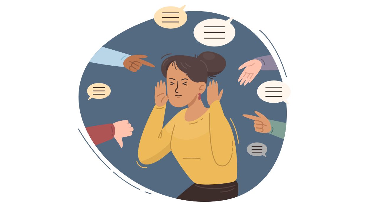 Social Anxiety Rumination A stressed woman with social anxiety with people pointing at her and speaking with judgment.