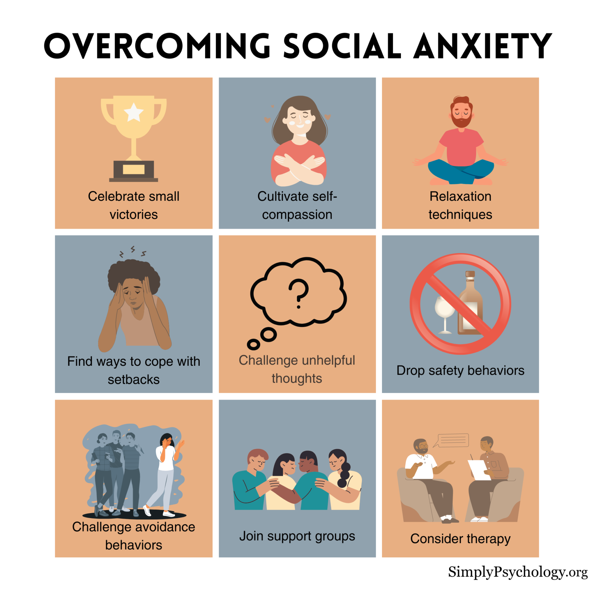 overcoming social anxiety An infographic titled overcoming social anxiety with 9 panels outlining tips